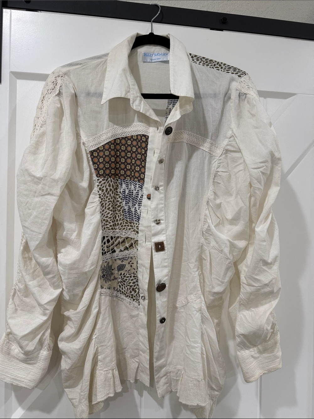 Cream Patchwork Button-Front Blouse with Lace Trim